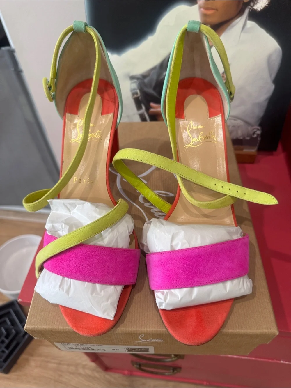 Christian Louboutin Multicolor Suede Block Heels - Pink, Green, Red, Yellow